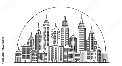 Schilderij op canvas Minimalist black and white line art city skyline illustration.