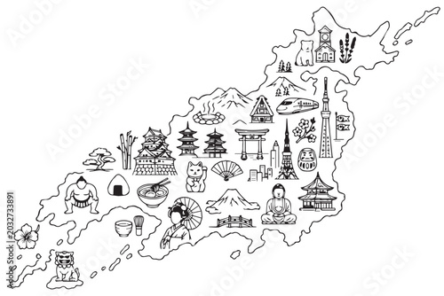 Photos Japanese map outline with cultural icons, hand drawn Japan travel landmarks and