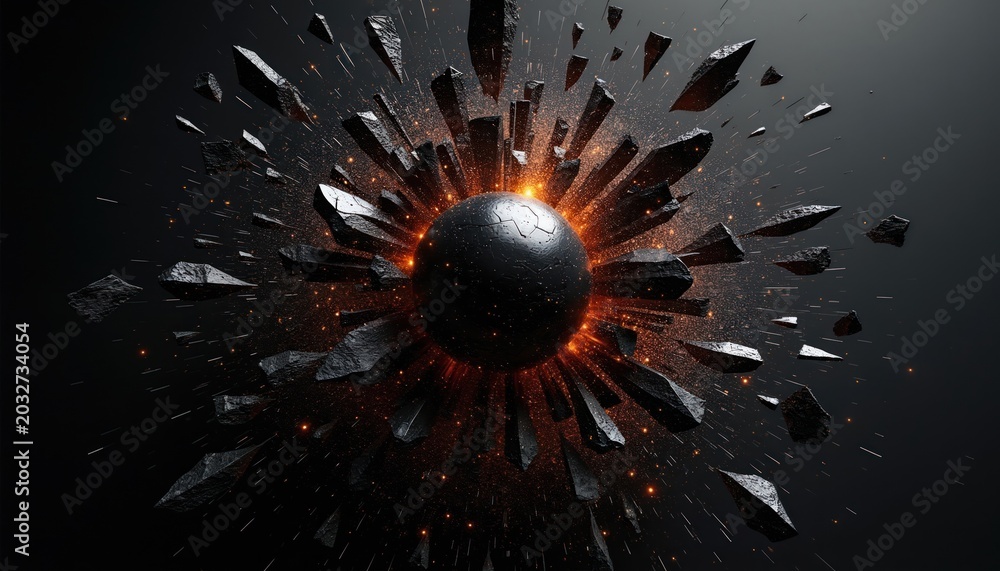 Obraz premium Dark sphere explodes outward sending shards and sparks into blackness. Abstract blast creates dramatic energetic effect with orange light glow. Cosmic or science concept.