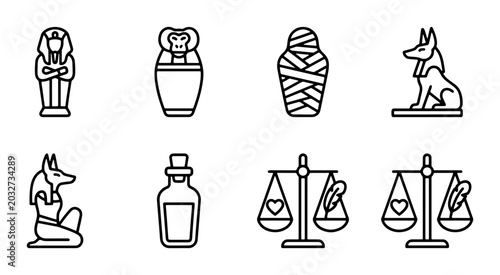 Foto Ancient Egyptian Icons: Pharaoh, Mummy, Anubis, Scales of Justice, Vector Set
