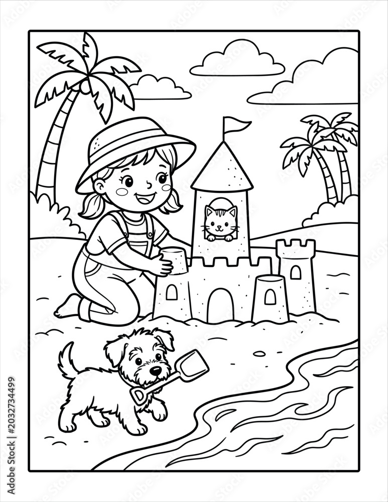 Fototapeta premium Girl building sandcastle on tropical beach coloring book page art in North America style.