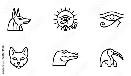 Fotografie Ancient Egyptian Icons Set, Anubis, Eye of Horus, Cat, Crocodile, Ibis, Sun Symb