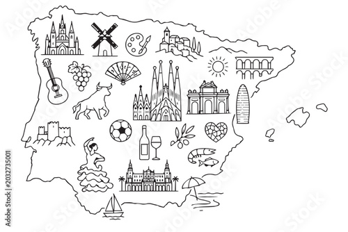 Spain map with cultural icons and landmarks, black and white line art vector of Spanish symbols, travel and tourism illustration with Sagrada Familia and flamenco dancer