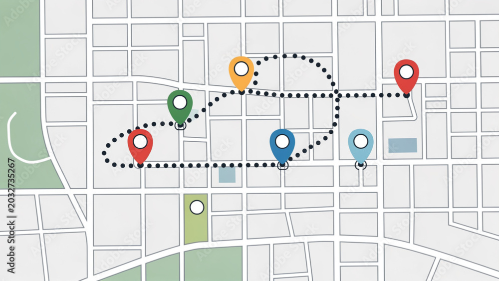 Fototapeta premium Colorful City Map with Route Paths and Location Pins in Urban Setting