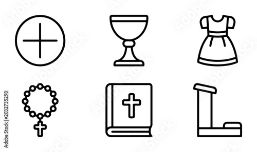 Foto Religious Icons Set: Communion Chalice, Bible, Rosary, Cross, Dress, Kneeler