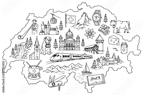 Switzerland map with hand drawn cultural icons and landmarks, black and white Swiss travel vector illustration, traditional alpine symbols and tourist attractions set for coloring and design