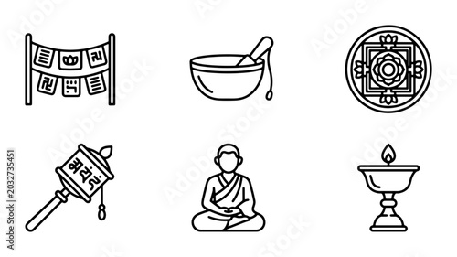 Tableau sur toile Buddhist Icons Set: Prayer Flags, Singing Bowl, Mandala, Monk, Prayer Wheel, Oil