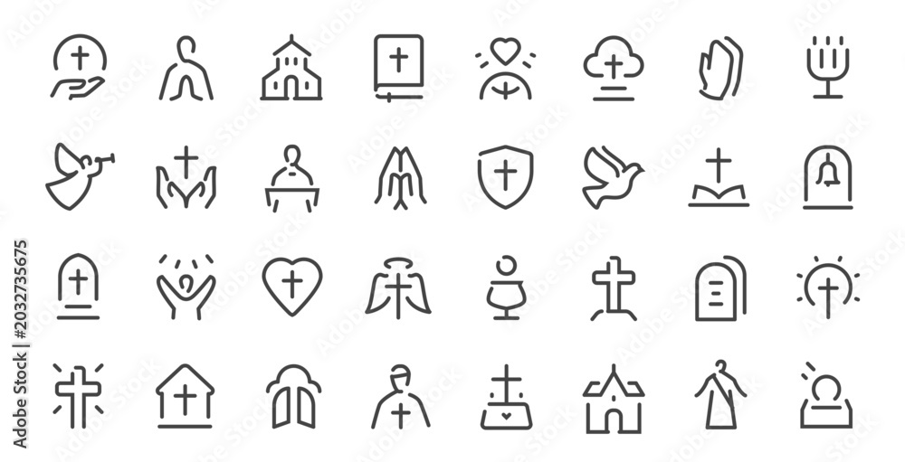 Obraz premium Religion and faith line icons set with church, cross, prayer, angel and spiritual symbols