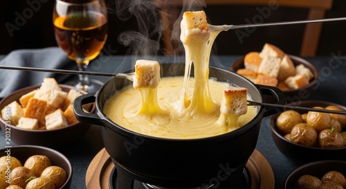 Delicious Melting Cheese Fondue with Bread Cubes Being Dipped in a Warm Pot