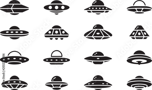 Obraz na płótnie Black and white flying saucer ufo icons collection