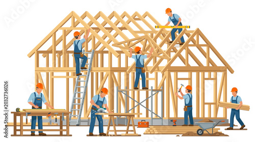 Bilde på lerret A team of construction workers building a wooden house frame.