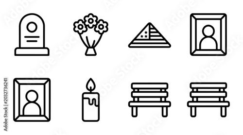 Fotografia Memorial Icons Set: Gravestone, Flowers, Pyramid, Portrait Frames, Candle, Bench