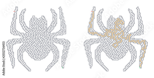 Canvas Print Solved maze vector of spider with outlined design and yellow path