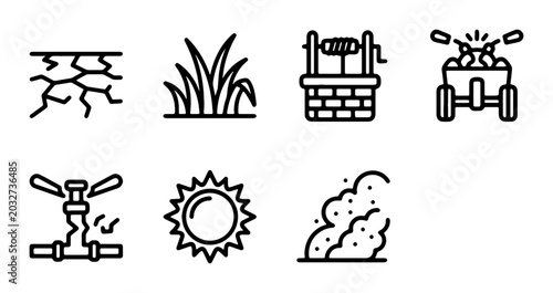 Bild auf Leinwand Water Conservation Icons: Drought, Irrigation, Sun, Well, Sprinkler, Plants, Soi
