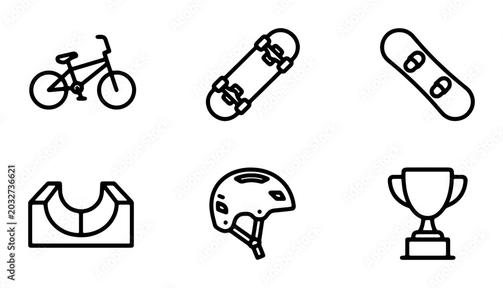 Naklejka premium Extreme Sports Icons: BMX Bike, Skateboard, Snowboard, Ramp, Helmet, Trophy Vector Set