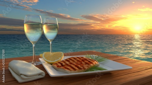 Seafood dinner with white wine at sunset