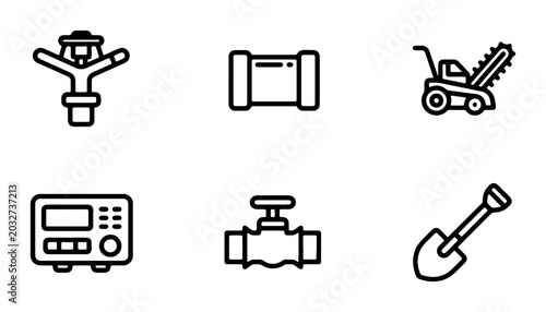 Tableau sur toile Gardening Tools and Equipment Icons, Irrigation Sprinkler, Pipe Fitting, Tiller,