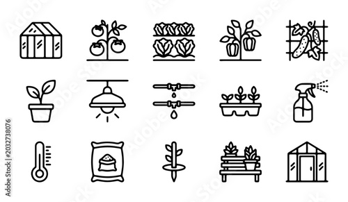 Gardening Icons Set: Greenhouse, Plants, Tools, Irrigation, Thermometer, Fertilizer, Spray Bottle