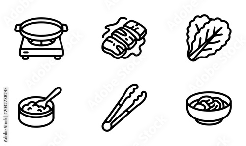 Korean BBQ Icons Set: Grill, Meat, Lettuce, Sauce, Tongs, Noodles Vector Graphics
