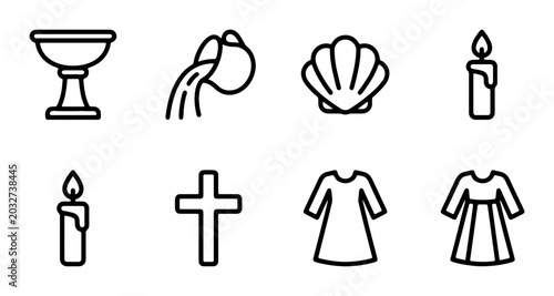 Schilderij op canvas Religious Baptism Icons Set, Christian Ceremony Symbols, Baptismal Gown, Chalice