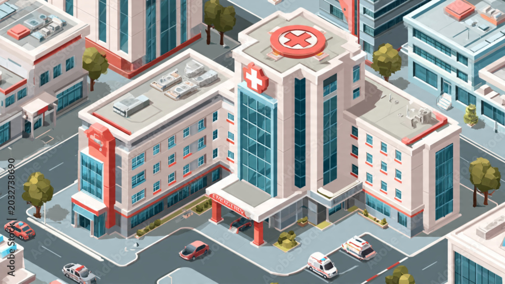 Fototapeta premium Modern hospital building with medical cross symbol cityscape with surrounding urban environment