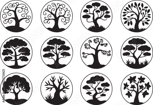 Billede på lærred Black and white tree icons in circular frames