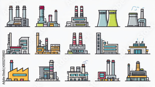 Bild auf Leinwand Vector Illustration of Industrial Factory Buildings with Chimneys and Cooling To