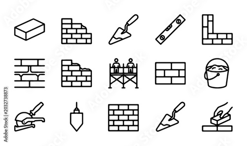 Bild auf Leinwand Construction Icons: Bricklaying Tools, Masonry Elements, Building Materials, and