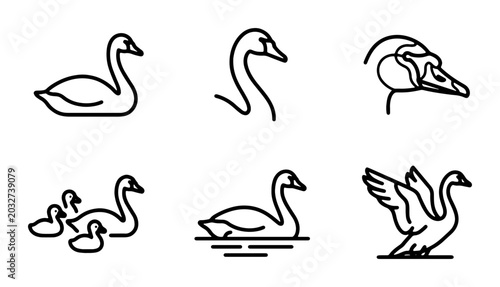Schilderij op canvas Elegant Swan Vector Icons Set, Graceful Waterfowl Line Art Collection, Bird Grap