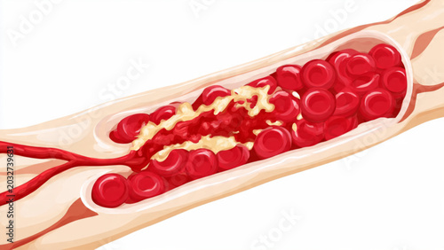 Foto Detailed Illustration of an Artery Blocked by Cholesterol Buildup with Red Blood