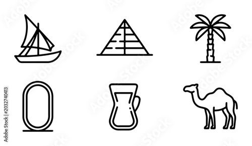 Photos Egyptian Icons: Pyramid, Camel, Palm Tree, Felucca Boat, Tea Glass, Cartouche Ve