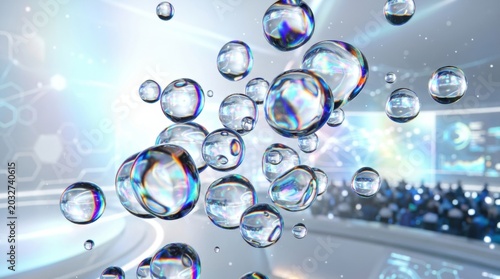 Transparent bubbles floating in a futuristic digital environment with blurred audience and abstract geometric shapes in the background