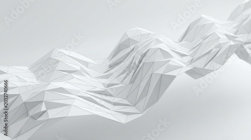 Abstract white low-poly landscape with sharp peaks and valleys, showcasing a smooth surface texture and geometric shapes in a minimalist design