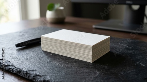 Blank business cards stacked on a textured black slate surface with a pen nearby, natural light illuminating the workspace and a blurred background