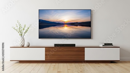 Minimalist media wall with floating wooden TV console.