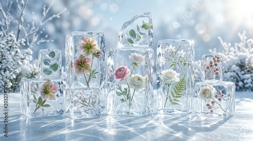 Ice cubes with embedded flowers including roses, ferns, and eucalyptus arranged on a snowy surface, with a blurred winter landscape in the background