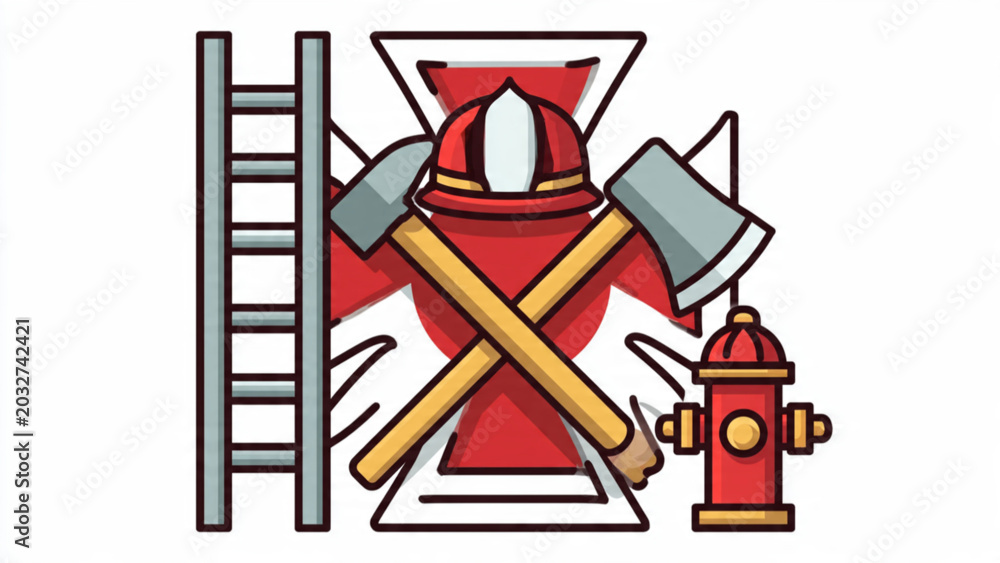 Fototapeta premium Firefighter helmet axes and hydrant set against safety symbol background