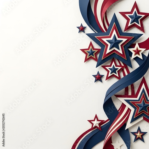 Red, white, and blue stars and ribbons on a white background, patriotic theme