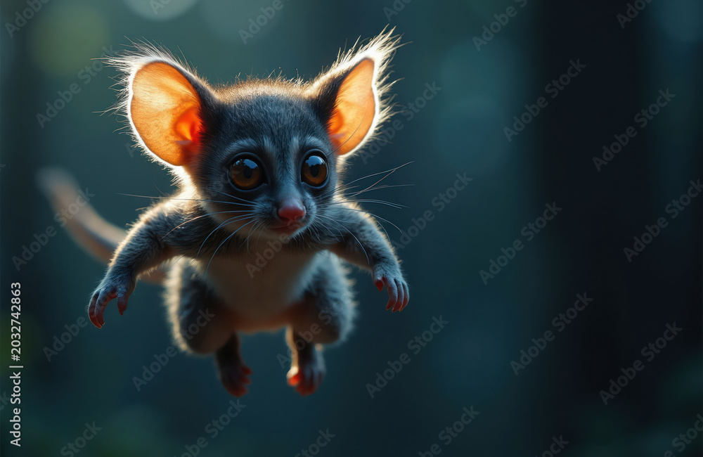 Fototapeta premium Bushbaby jumps through air with big eyes. Small nocturnal primate leaps mid flight against dark forest. Cute furry creature displays agile motion in natural habitat.