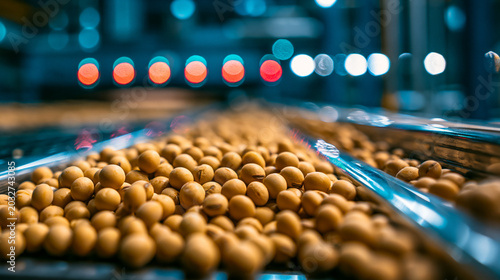 Macro close-up of yellow soybeans moving on a metallic conveyor belt. Modern food manufacturing, agriculture export and import concept