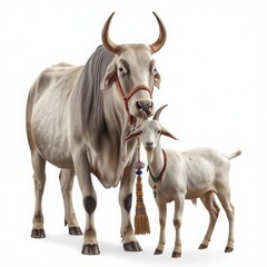 Majestic white zebu bull standing proudly next to a small gentle goat in this high quality studio photograph capturing the beautiful bond between two distinct farm animals in clear focus.