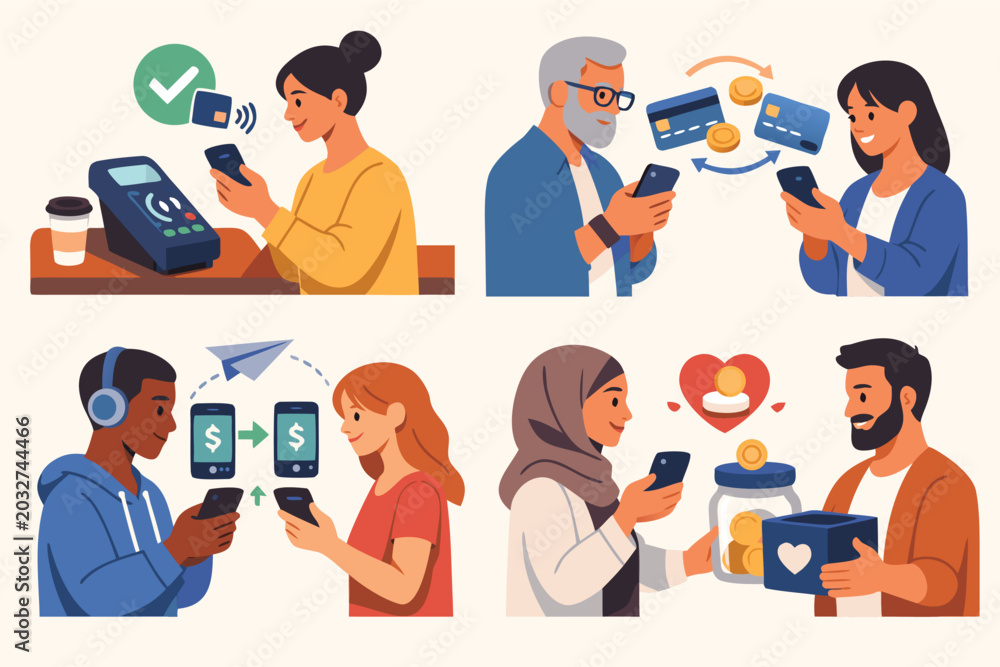 Fototapeta premium Diverse people using smartphone apps for secure mobile payments, online banking, money transfers, and charity donations. Flat vector illustration of modern digital finance and fintech solutions.