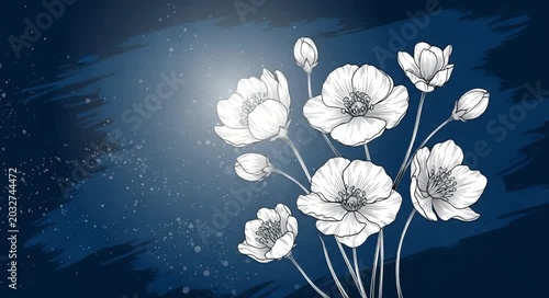 Beautiful hand-drawn white flowers bloom gracefully, illuminated by a soft glow on a textured dark blue background.