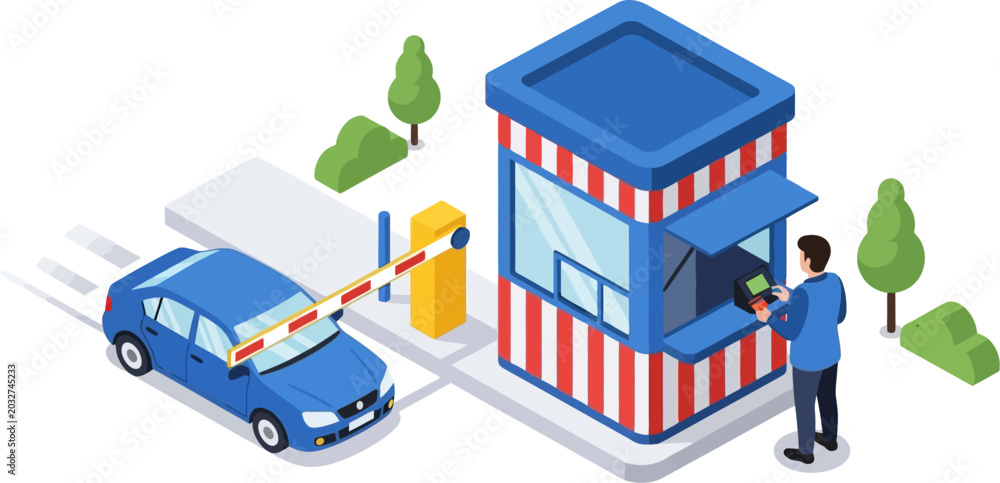 Naklejka premium Car waiting at parking garage entrance barrier vector can be editable