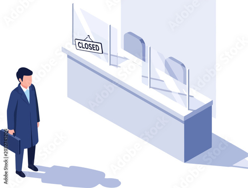 Businessman standing at closed service counter vector can be editable