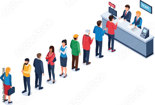Crowd of people waiting in line at a busy ticket counter vector can be editable