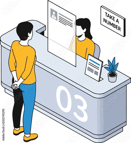 Customer at reception desk with take a number sign vector can be editable