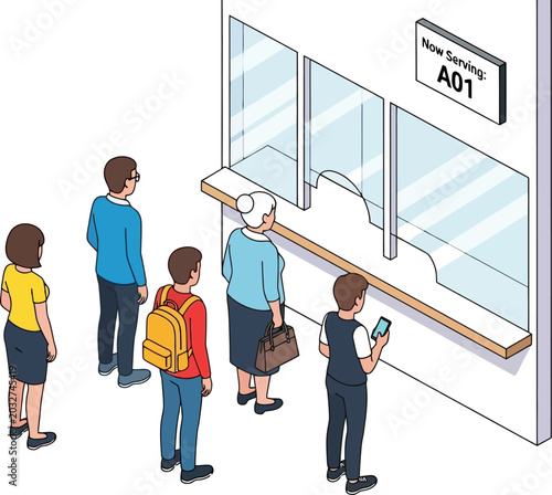 Diverse group of people waiting in line at a service window with digital display vector can be editable