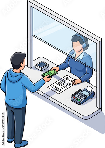 Man making a cash payment to a bank teller through a glass window vector can be editable