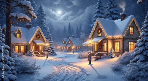 Cozy winter village scene with snow-covered houses, illuminated by warm lights and a full moon creating a magical holiday atmosphere
